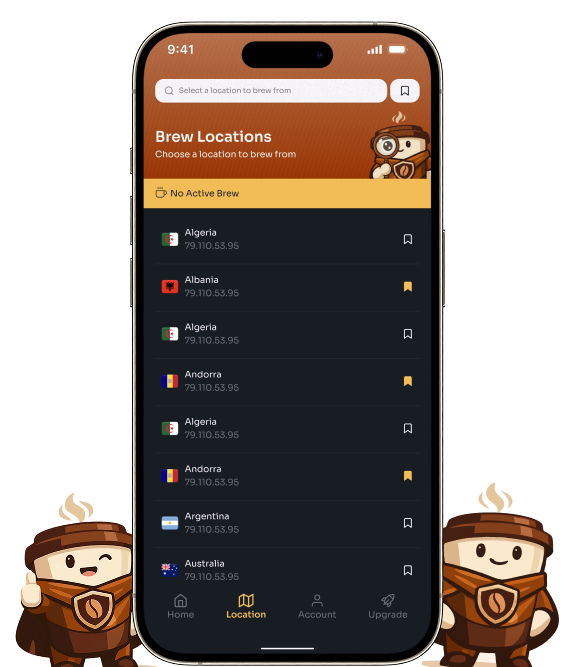 The JustCoffee app on a phone, with the coffee mascot